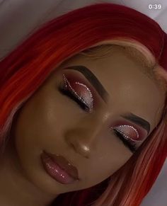 Red Soft Glam Makeup, Eyeshadow Looks With Glitter, Red Birthday Makeup, Red And Gold Makeup Looks, Red Make Up Looks, Red Under Eye Makeup, Red Makeup Looks For Prom, Red Glam Makeup, Red Prom Makeup