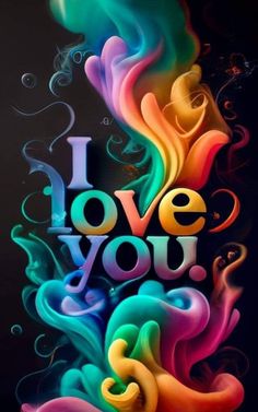 the words i love you are painted in bright colors and swirls on a black background