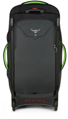 an ospreu rolling luggage bag with wheels and green accents on the front, in black