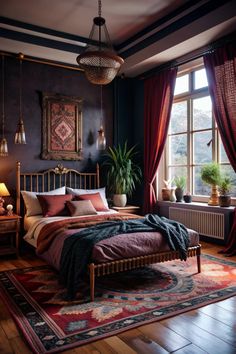 a bed room with a neatly made bed next to a window and a rug on the floor