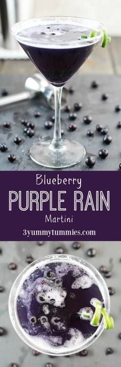 blueberry purple rain martini with lime garnish on the rim, served in coupe glasses