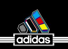 the adidas logo on a black background with white stripes and checkerboard design