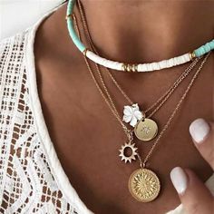 Bohemian Summer Layered Necklace Summer Pendant, Layered Chokers, Beach Necklaces, Multi Layer Necklace, Retro Mode, Summer Necklace, Gold Necklace Layered, Bijoux Diy, Layered Necklace