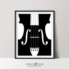 a black and white poster with an image of a violin on it's back