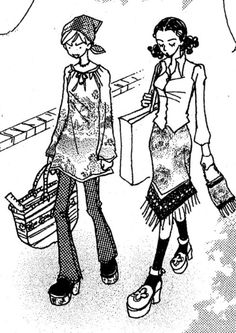 two women are walking down the street with shopping bags and baskets in their hands, vintage line drawing or engraving