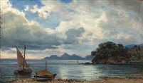 a painting of boats on the water near an island with mountains in the distance and clouds overhead