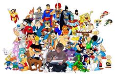 a man sitting in front of a large group of cartoon characters on a white background