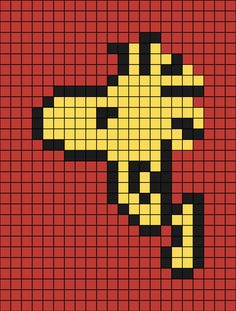 A pixel art template of Wood-stock from Snoopy the cartoon. Woodstock Cross Stitch, Woodstock Pixel Art, Snoopy Pixel Grid, Snoopy Alpha Pattern, Snoopy Perler, Snoopy Diy, Snoopy Blanket, Chicken Cross Stitch, Pixel Grid