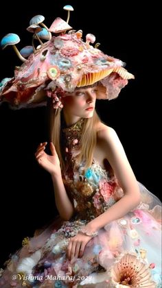 a woman in a dress and hat made out of shells is posing for the camera