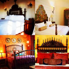 there are four different types of beds in this photo collage, each with an ornate headboard and foot board