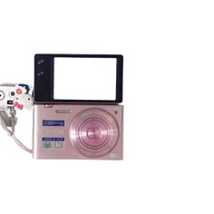 a pink digital camera with a white screen on it's front and back sides