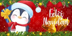 a penguin wearing a santa hat and holding a bell with the words feliz navidad on it