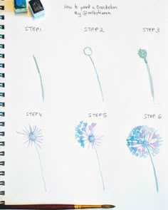 an open spiral notebook with drawings of flowers and plants on the pages, including dandelions