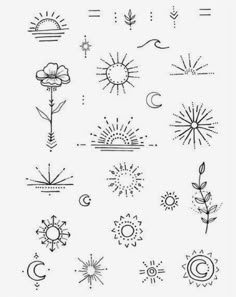 the sun, moon and stars are drawn in black ink