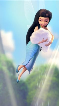 a cartoon character flying through the air holding a white fluffy ball in her hands and smiling