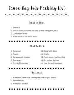 a printable canoe day trip packing list