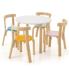 three children's chairs and a table with one child's chair in different colors