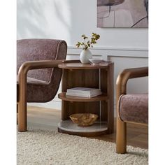 a living room with two chairs and a table on the floor in front of a painting