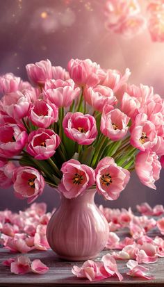 a vase filled with pink flowers on top of a wooden table and petals scattered around