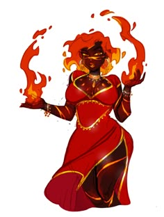 a drawing of a woman in red and orange dress with flames around her arms,