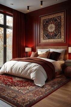 a large bed sitting next to a window in a room with red walls and curtains