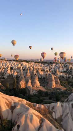 many hot air balloons are flying in the sky above some rocks and trees at sunset