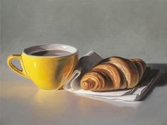 a painting of a coffee cup and croissant on a plate with a napkin