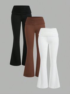 3pcs Women Knitted Low Waist Folding Waistline High Elasticity Bell-Bottom Pants Multicolor Elegant    Plain Flare Leg High Stretch  Women Clothing, size features are:Bust: ,Length: ,Sleeve Length: Warm Headbands, Grey Colour Suit, Women's Bottoms, Bell Bottom Pants, Women's Shapewear, Womens Tights, Bell Bottom, Inspiration Mode, Low Waist