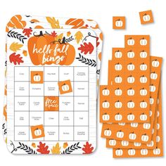 an orange and white printable fall themed calendar with pumpkins on the front, and leaves in the back