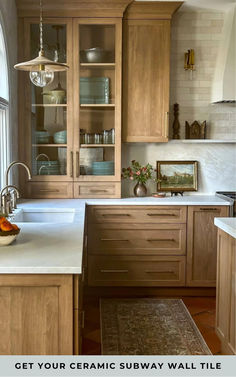 a kitchen with wooden cabinets and white counter tops