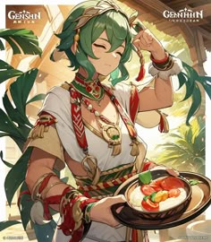 an anime character holding a plate with food on it