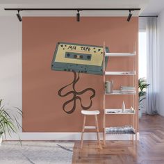 an old school tape recorder wall mural