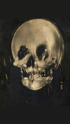 an image of a skull with a woman in it's head and another skeleton behind it