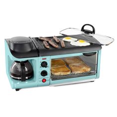 a blue toaster oven with some food in it