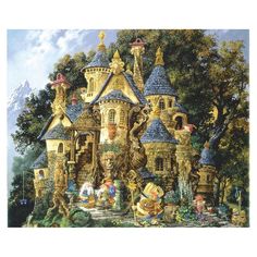 a painting of a fairy house with many people around it