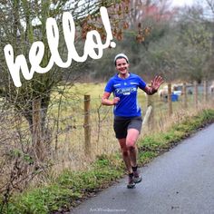 a man running down a road with the words hello on it