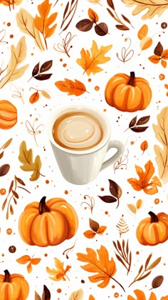 a cup of coffee surrounded by autumn leaves and pumpkins on a white background illustration