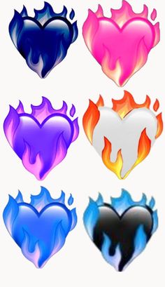 six different colored hearts with flames on them