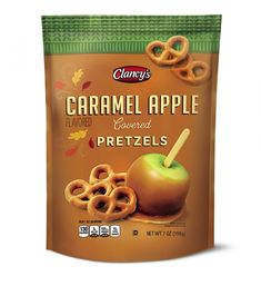 a bag of caramel apple pretzels on a white background