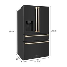 a black refrigerator freezer sitting next to a wall with gold trimmings on it