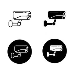 three black and white icons depicting different types of security cameras, one with a camera on it