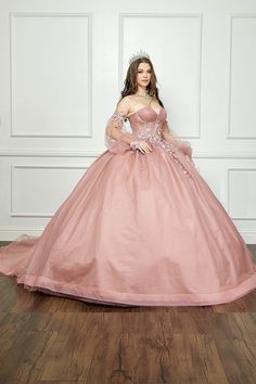 Dusty Rose Off-shoulder 3D Flowers and Gems Ballgown with removable sleeves - front/side view of woman wearing dress Rose Quinceanera Dress, Dusty Rose Quinceanera, Puff Sleeve Ball Gown, Quince Planning, Flower Girl Accessories, Big Dresses, Removable Sleeves, Cinderella Divine, Kids Party Dresses