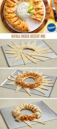 the process to make buffalo chicken crescent ring is shown in three different stages, including being cut