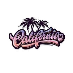 the word california with two palm trees on it's side, in pink and blue