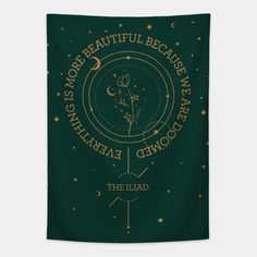 a green tapestry with gold lettering and stars