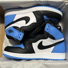 New In Box. Size 6y But Fits Womens Size 8. Black/White/Blue. No Flaws Or Damage. Jordan 1 Shoes Blue, Nike Air Jordan Shoes Blue, Blue And Black Air Jordan 1, Highschool Preparation, Jordans 1 Blue, Air Jordan Shoes For Women, Black And Blue Shoes, Tenis Jordan Retro, Nike Azul