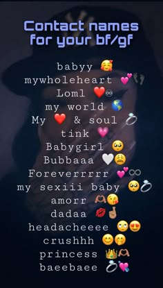 an image of some emoticions on the back of a cell phone with text that reads contact names for your b / gf