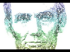 a man's face made up of words in green and blue on a white background