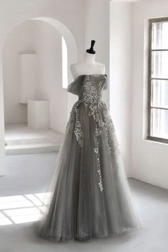 Gray Formal Dress, Lace Long Prom Dress, Princess Evening Dress, Grey Evening Dresses, Grey Prom Dress, Off Shoulder Evening Dress, Green Tulle, A Line Evening Dress, Lace Formal Dress