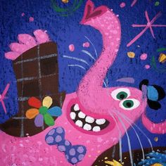 a painting of a pink elephant on a blue background with stars and sparkles around it